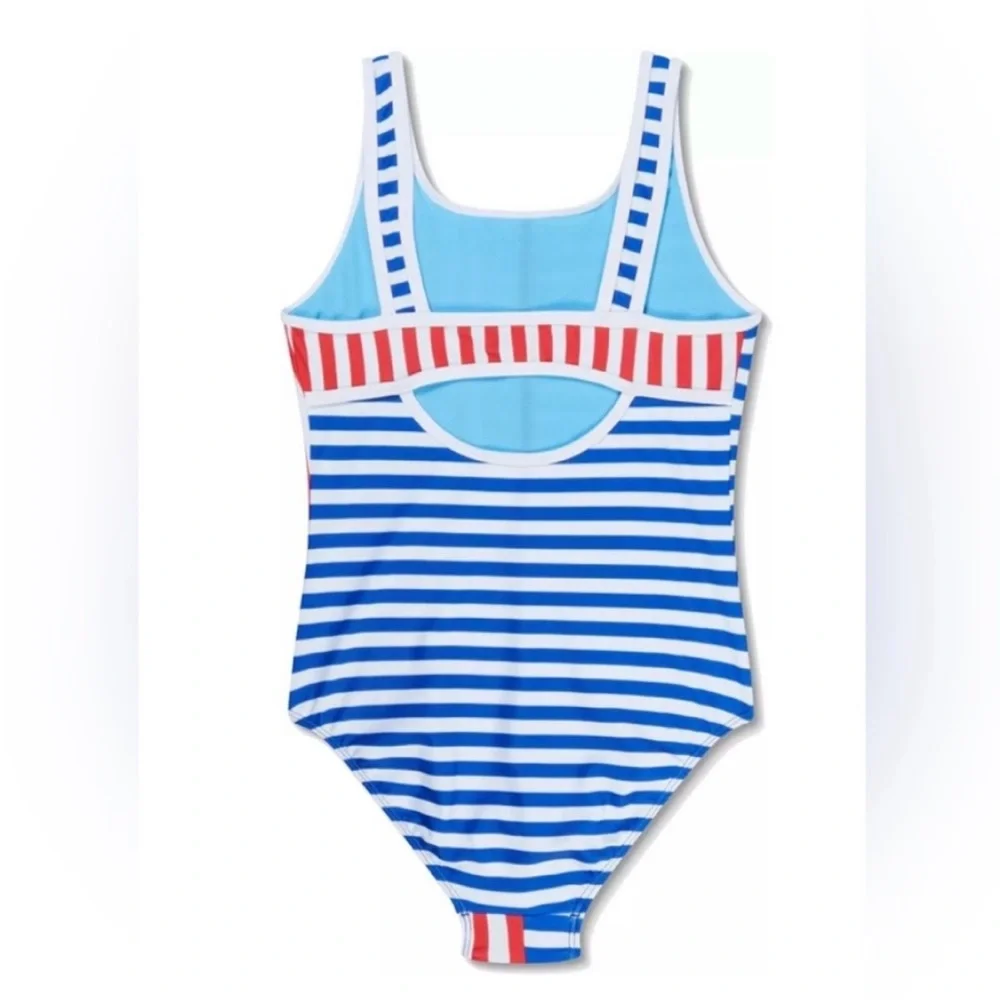 Speedo Girl’s Swimsuit One Piece Blue and Red Stripes Size 14 NWT UPF 50+
